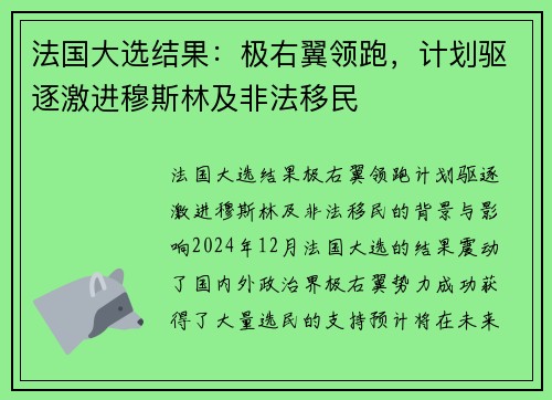 法国大选结果：极右翼领跑，计划驱逐激进穆斯林及非法移民