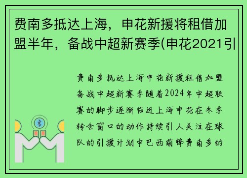 费南多抵达上海，申花新援将租借加盟半年，备战中超新赛季(申花2021引援最新进展)