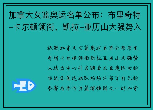 加拿大女篮奥运名单公布：布里奇特-卡尔顿领衔，凯拉-亚历山大强势入选