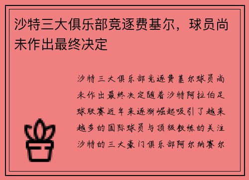 沙特三大俱乐部竞逐费基尔，球员尚未作出最终决定